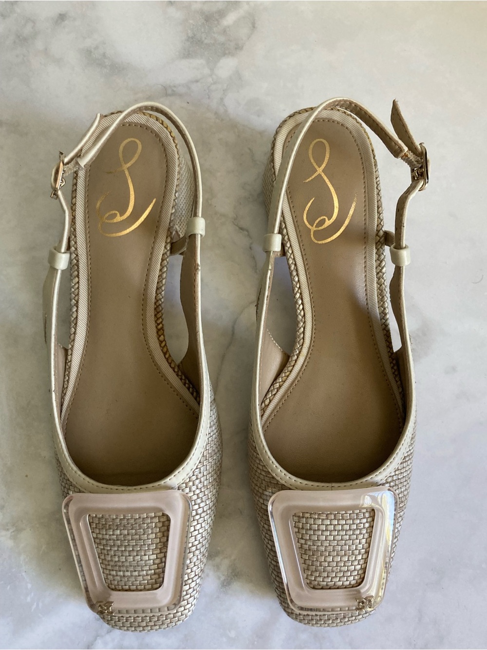 Sam Edelman Beige Woven Slingback Block-Heel Pumps - Picture 4 of 9